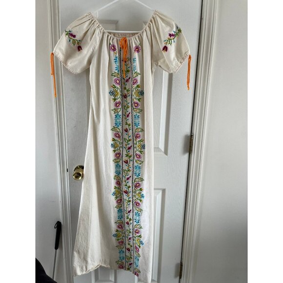 Vintage Mary Vi BARBADOS Maxi Dress Floral Embroidered Mexico Size 36 Gathered - Picture 1 of 10
